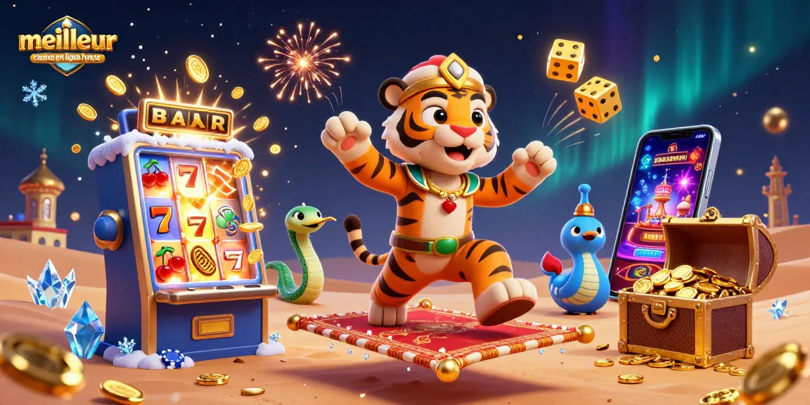 Le meilleur casino en ligne France illustre un tigre sultan sur un tapis volant entouré d'une machine à sous explosive.