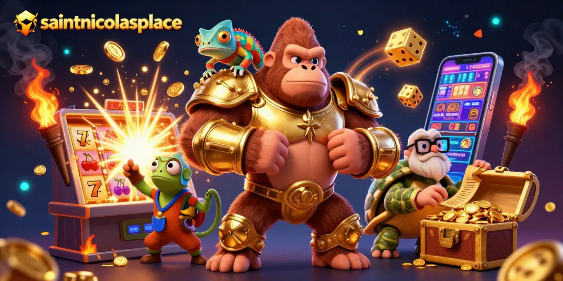 Immerse in the excitement at saintnicolasplace, with a gorilla king and friends amidst a jackpot explosion of coins and vibrant casino elements!