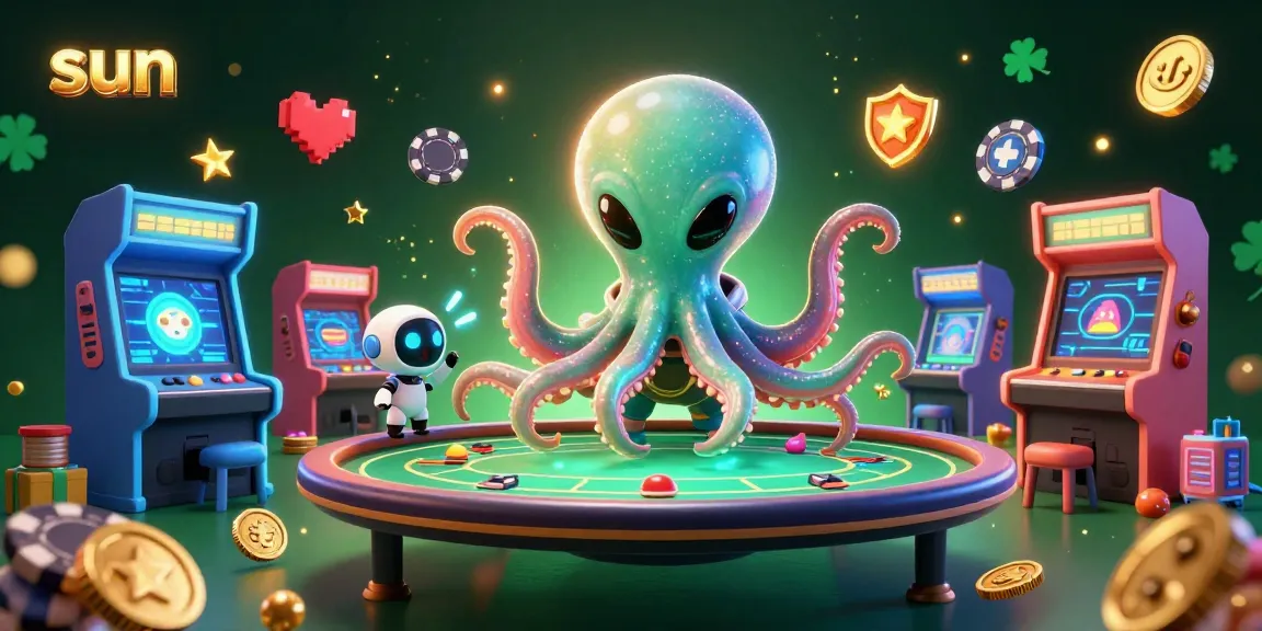 Engage in thrilling gaming action with the sun-themed alien octopus at a poker table.