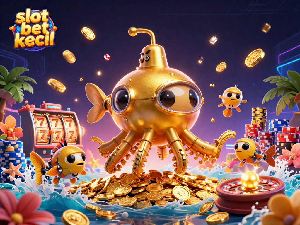 Slot bet kecil dengan simbol slot, koin emas, dan latar kasino yang mengesankan.
