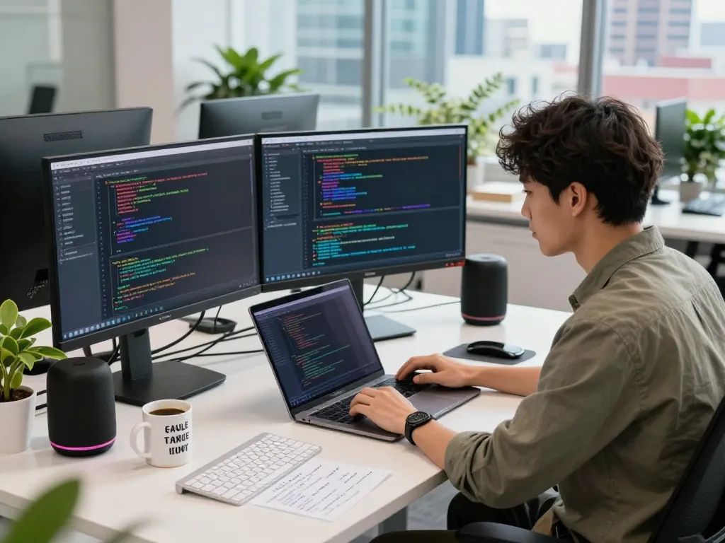 Software engineer coding at modern desk with dual monitors focused on ia +18 technology.