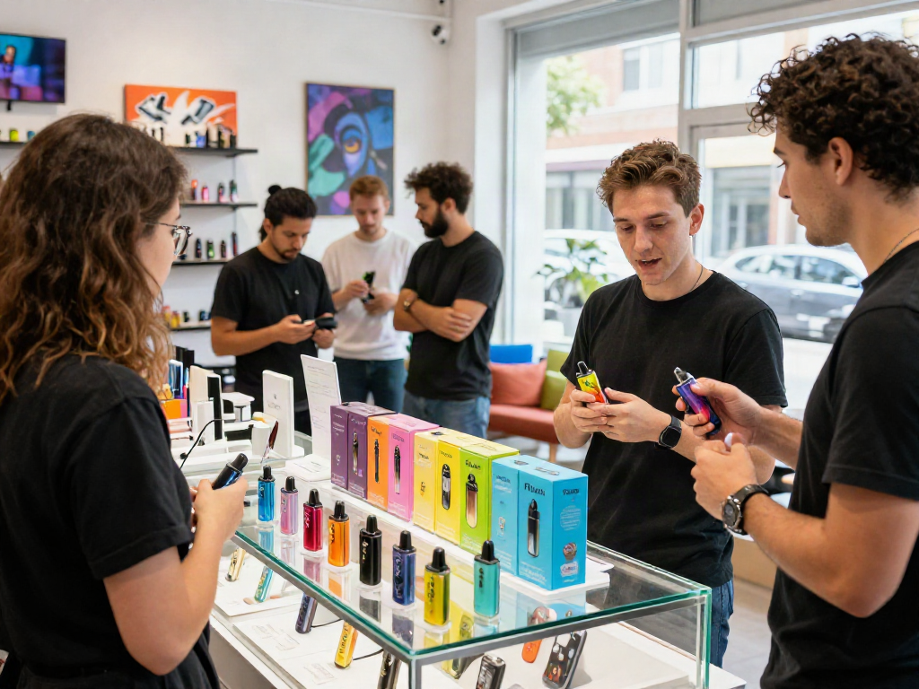 Flum vapes wholesale displayed in a trendy retail environment, interactive shopping experience with diverse customers.