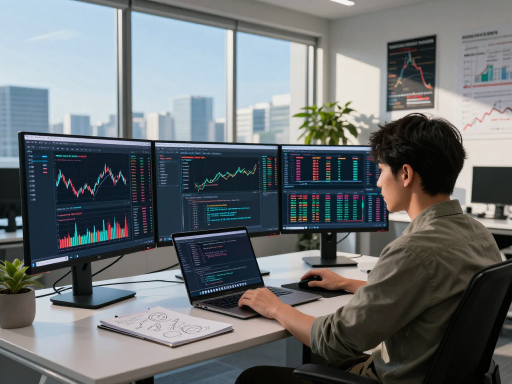 Japan quant stock trading API developer analyzing real-time market data in a modern workspace.