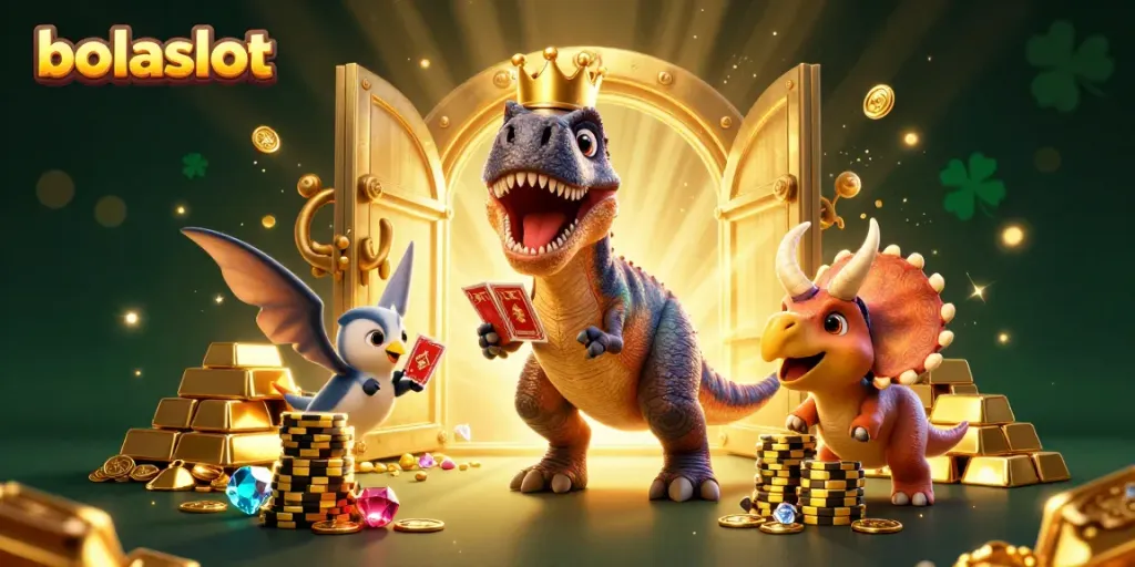 Bolaslot presents a whimsical casino scene with T-Rex shuffling cards and triceratops stacking chips amidst a treasure vault