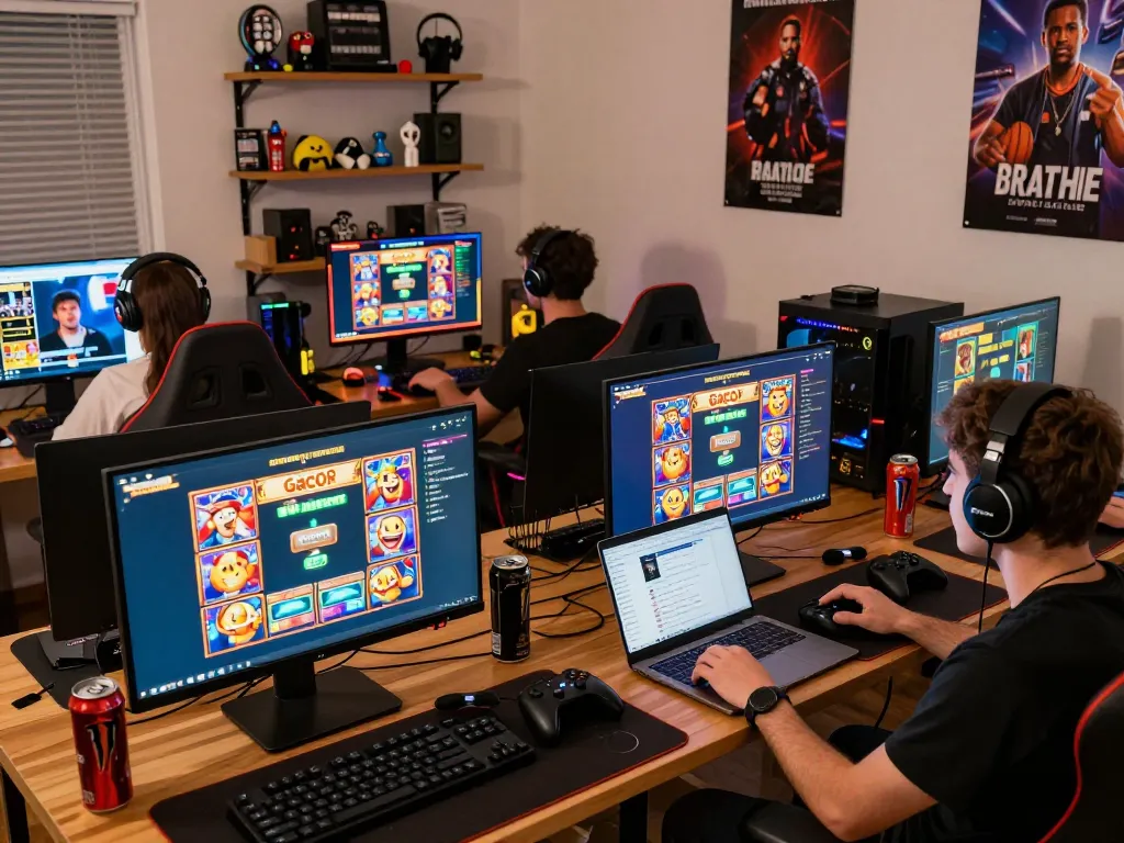 Suasana permainan slot gacor yang mendebarkan dengan pemain di rumah menikmati gameplay yang hidup.