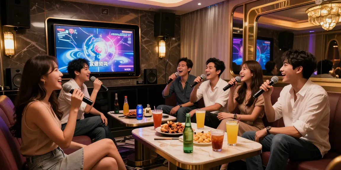 Experience the lively atmosphere of 강남가라오케 with friends enjoying karaoke, premium drinks, and stylish decor.