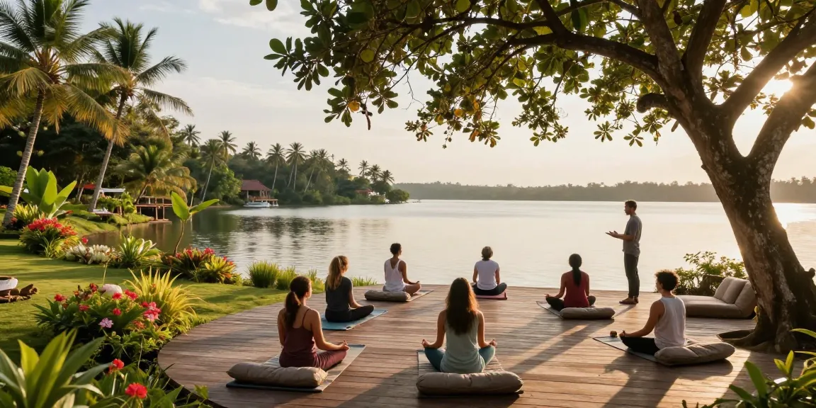 Yoga retreat venue hire Sri Lanka at Lanka Yoga with participants practicing mindfulness in a serene lakeside setting.