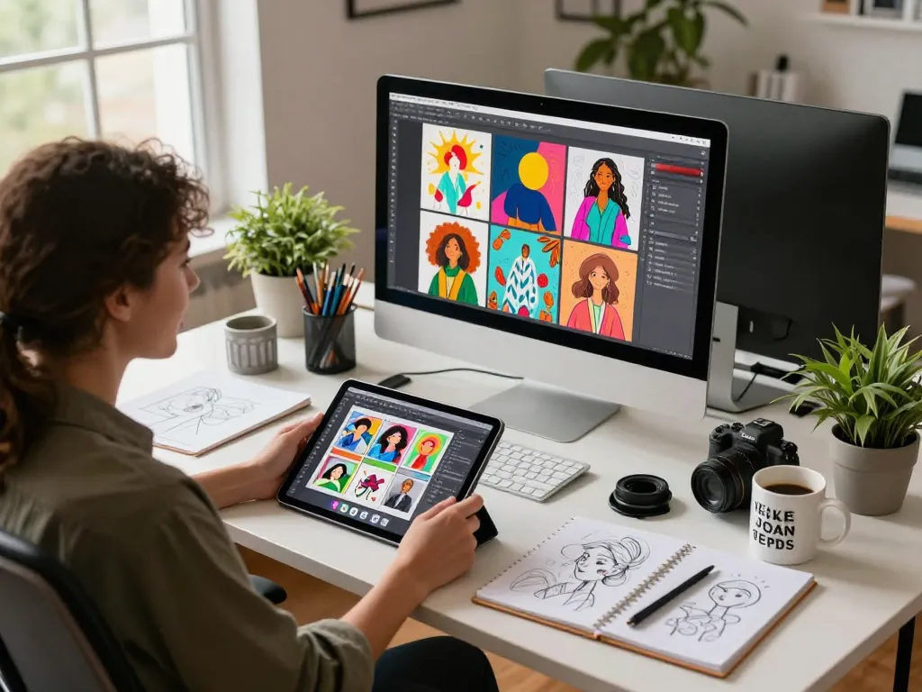 Designer creating prompts with image to prompt ai tools in vibrant studio.