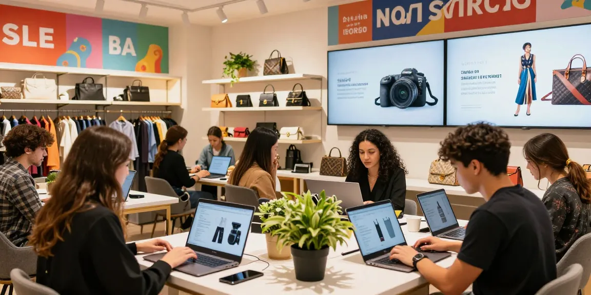 Customers exploring high-quality 레플리카 products in a vibrant online store setting.
