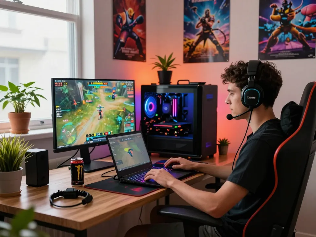 Engaged gamer playing tải go88 on a high-performance laptop in a colorful gaming room.