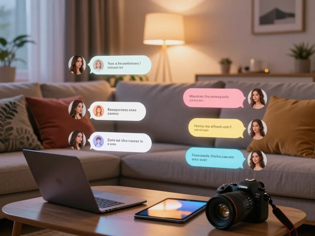 Vibrant AI chat interface with engaging characters simulating ai chat porn conversations in an inviting setting.