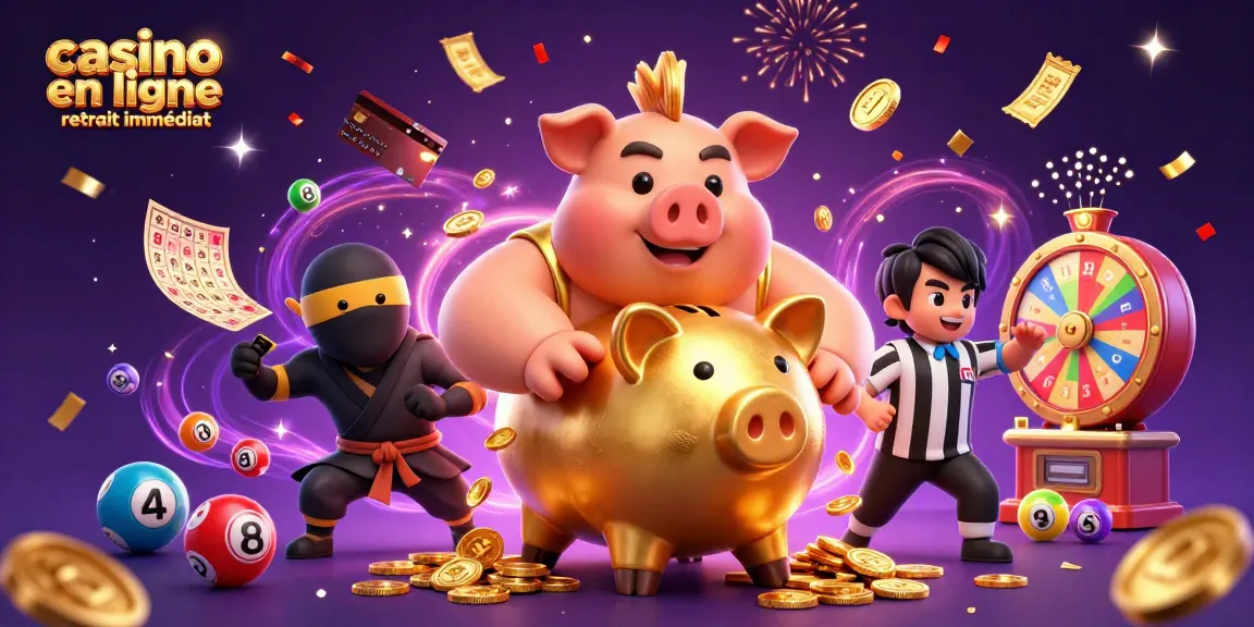 Profitez d'un casino en ligne retrait immédiat avec une ambiance festive illustrée par des personnages animés et des éléments de jeu.
