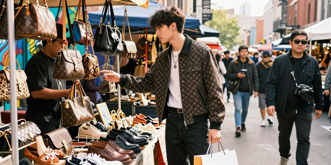 Urban fashion scene showcasing stylish individual with 명품 레플리카 clothing browsing vibrant street market.