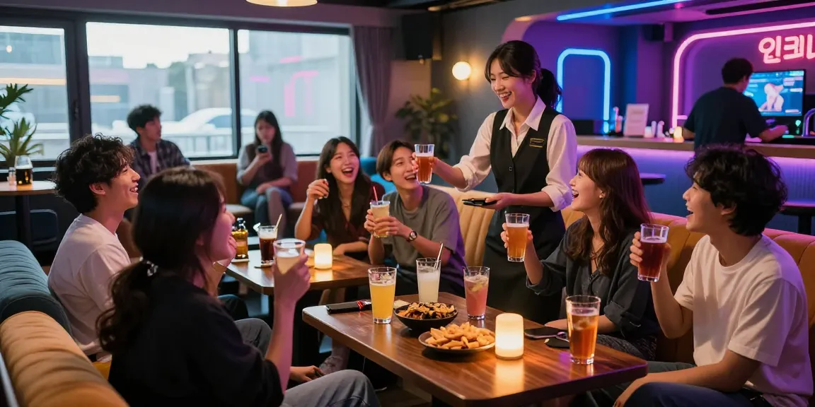 Group enjoying lively 인천쓰리노 nightlife in a colorful bar.