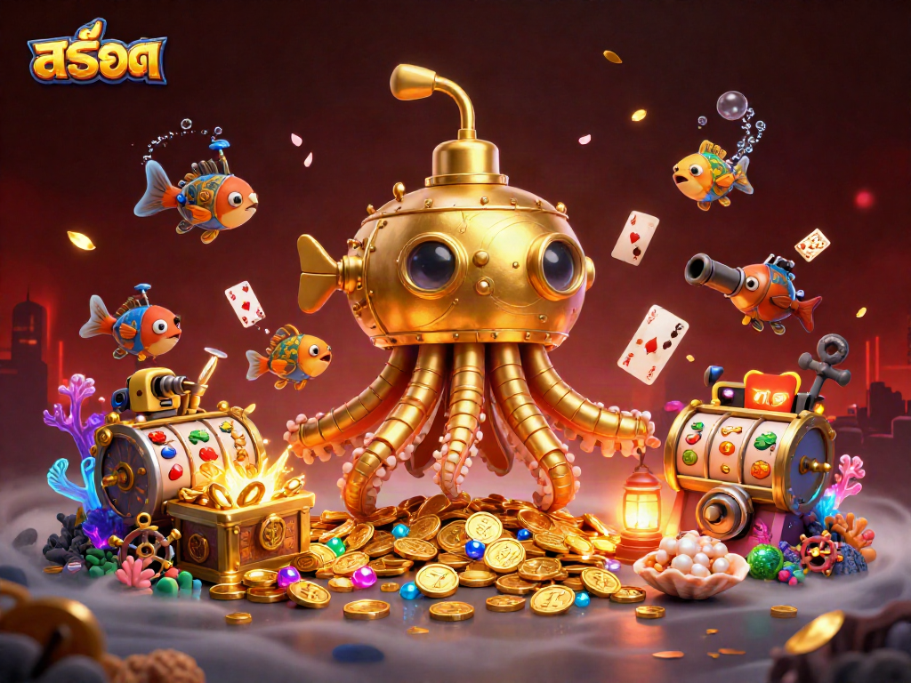 Experience thrilling สล็อต gameplay with a dynamic 3D illustration of a golden kraken submarine amidst gold coins!