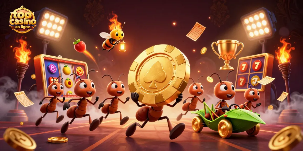 Jouez au top casino en ligne avec cette scène dynamique de fourmis portant un jeton de poker doré, entouré d'effets de jeu.
