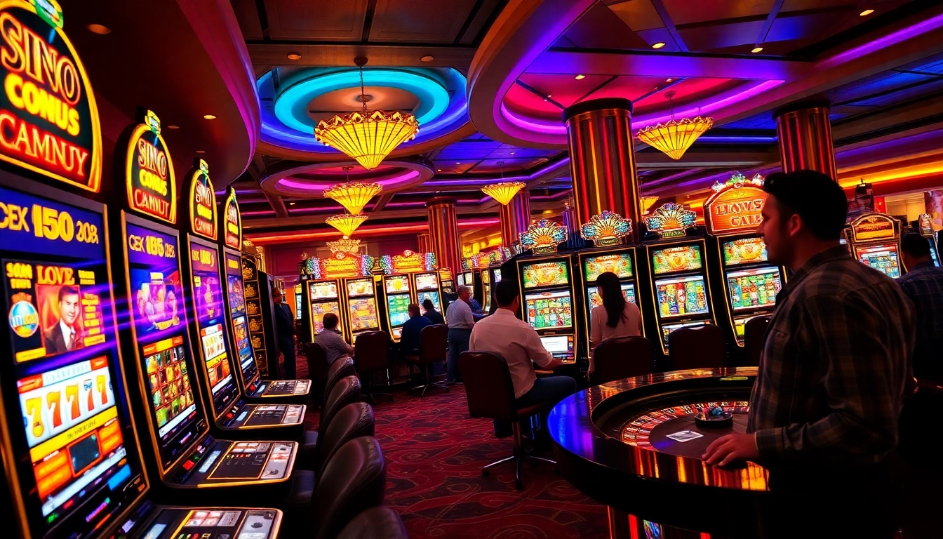 Engage with idnslot at a luxurious casino, showcasing vibrant slot machines and excited players.
