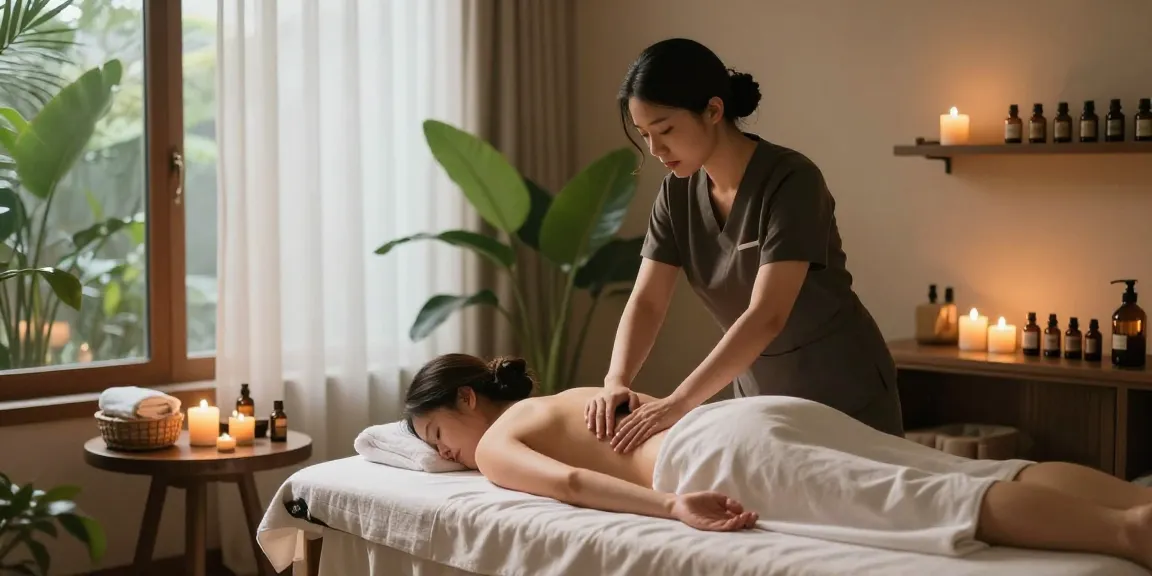 대구마사지 session in upscale spa setting with calming atmosphere and soothing oils.