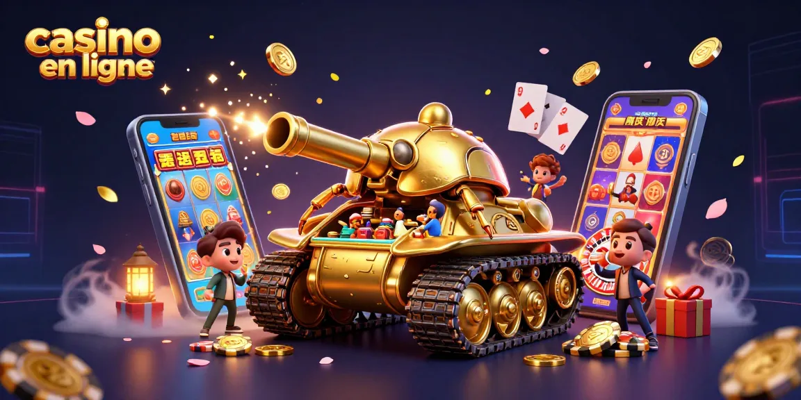 Casino en ligne retrait immédiat avec un tank en or et un mini casino à l'intérieur, jeux de cartes et pièces partout.