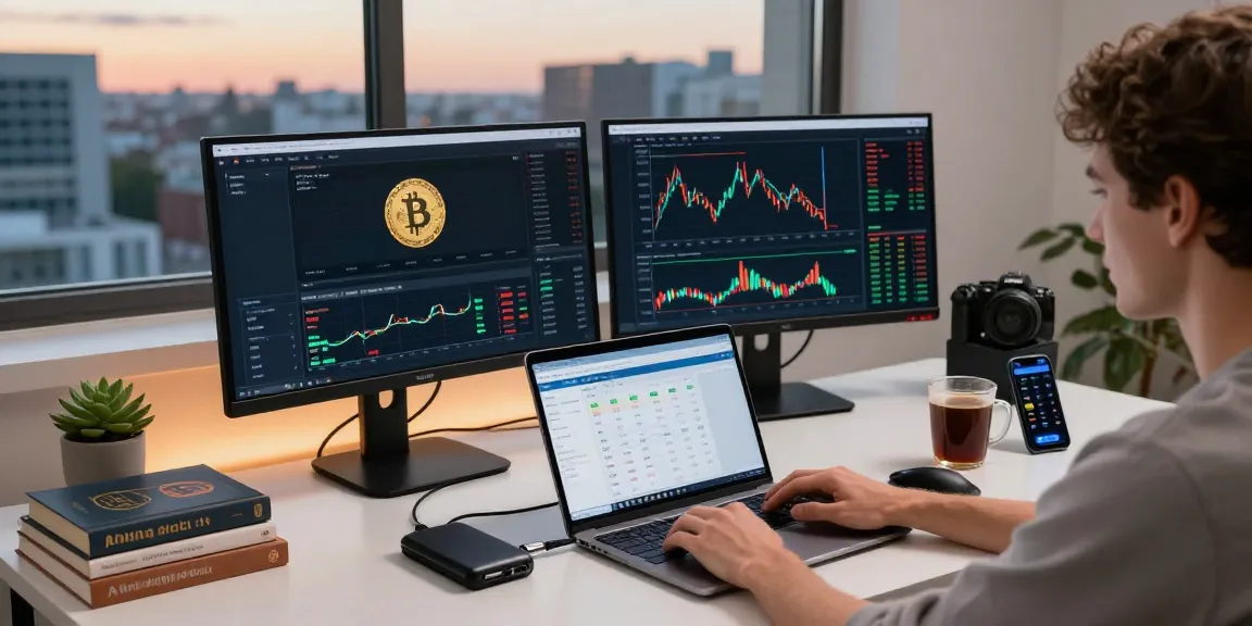 Bitcoin mining analysis in a modern workspace with cryptocurrency tools and data on screens.