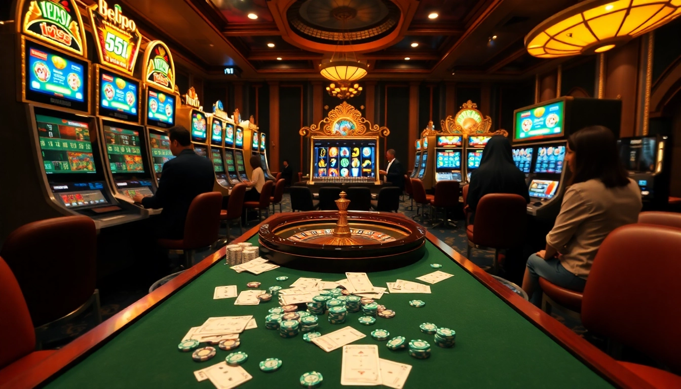Para pemain menikmati mesin slot dengan deposit awal 5k di sebuah kasino glamor.