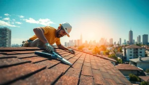 Engaged roofer providing professional roofing services while installing shingles on a residential building.