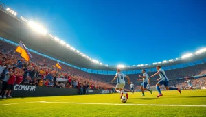 축구중계 중인 열정적인 경기 장면과 응원하는 관중들