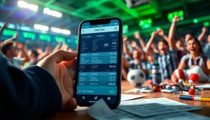 Engaging scene showing the best sportsbooks Brazil on a smartphone amidst a lively sports betting atmosphere.