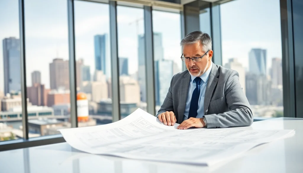 Manhattan Construction Manager analyzing project plans in a modern office with city view.