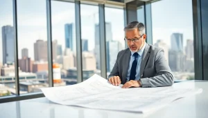 Manhattan Construction Manager analyzing project plans in a modern office with city view.