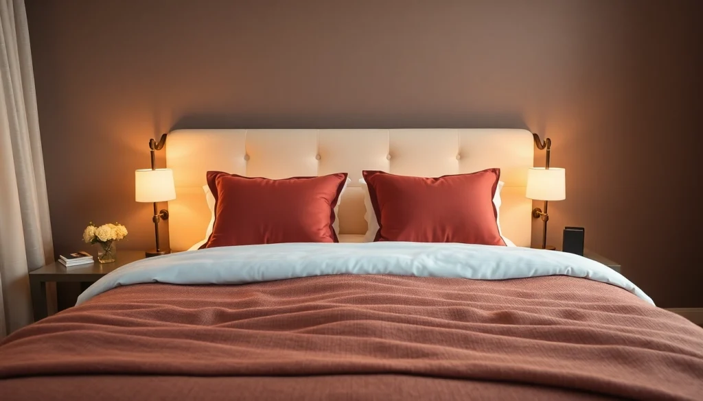 Cuscini letto decorativi disposti su un letto matrimoniale, con colori vivaci e confortanti.