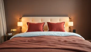 Cuscini letto decorativi disposti su un letto matrimoniale, con colori vivaci e confortanti.