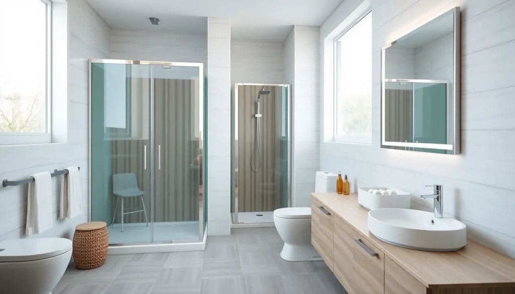 Sirhona fr offre une salle de bain moderne avec cabine de douche et miroir LED.