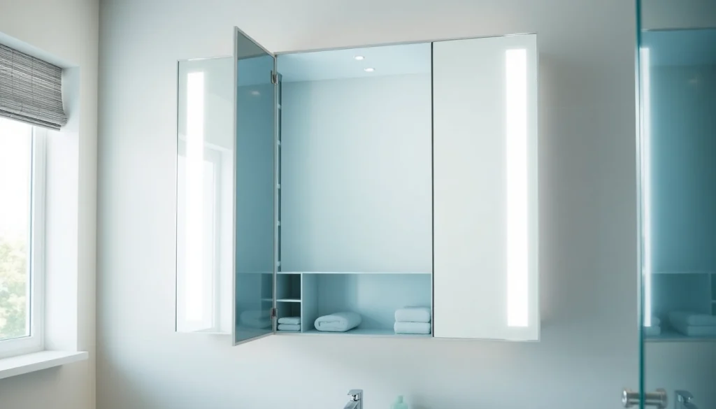 Spiegelschrank led bietet funktionalen Stauraum und modernes Design im Badezimmer.