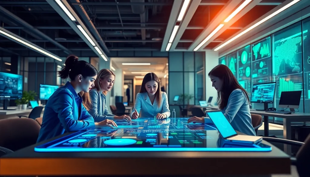 Showcasing Technology through diverse collaboration in a modern, high-tech environment.