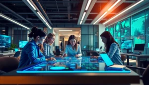 Showcasing Technology through diverse collaboration in a modern, high-tech environment.