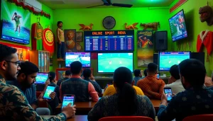 Explore online sportsbooks India with energetic bettors and vibrant sports themes in a lively setting.