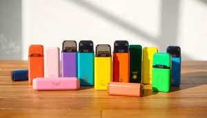 hqd pods in verschiedenen Farben auf einem Holztablett präsentieren.