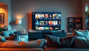View of a modern living room showcasing 'iron tv' on a flat-screen television.