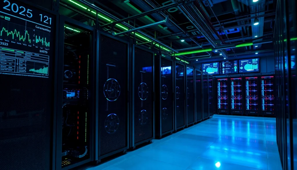 Top cloud mining facility showcasing advanced cryptocurrency mining rigs and data visualization technology.