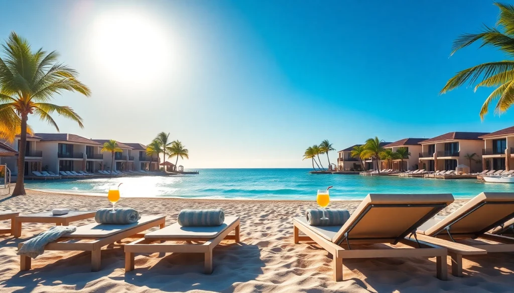 Luxurious beachfront view of all-inclusive resorts Cabo displaying sun loungers and palm trees.