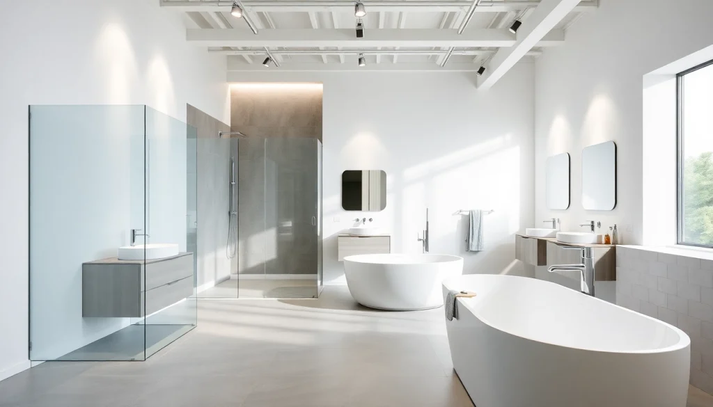 Ansicht von modernen Badprodukten der sonni sanitär GmbH in stilvollem Showroom.