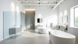 Ansicht von modernen Badprodukten der sonni sanitär GmbH in stilvollem Showroom.