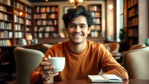 Chance Freeman enjoying coffee at a cozy café, showcasing a relaxed and creative moment.