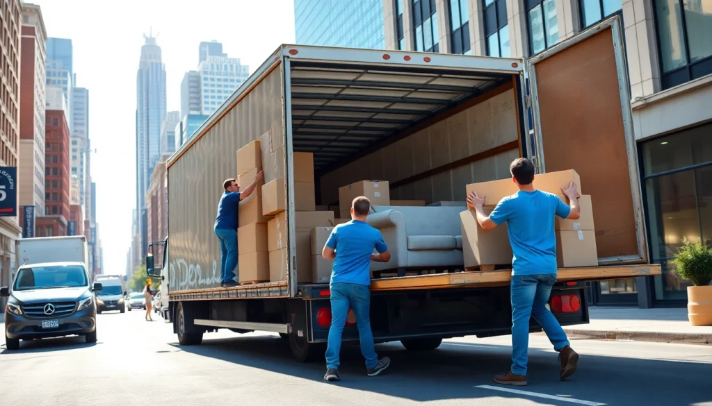 Best Toronto Movers efficiently loading furniture into a moving truck in a vibrant urban setting.