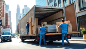 Best Toronto Movers efficiently loading furniture into a moving truck in a vibrant urban setting.