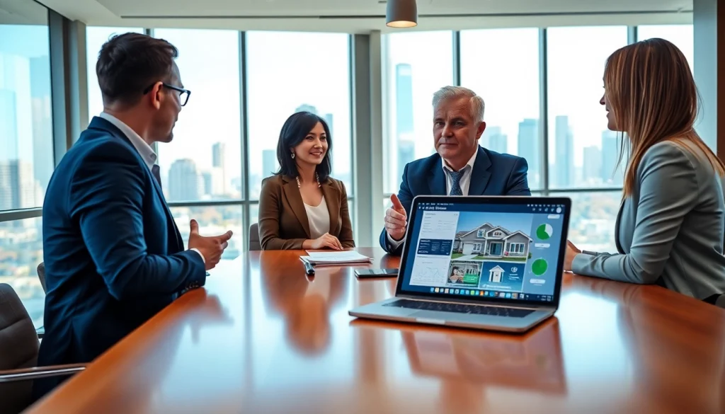 Agent showcasing real estate properties in a modern office environment.