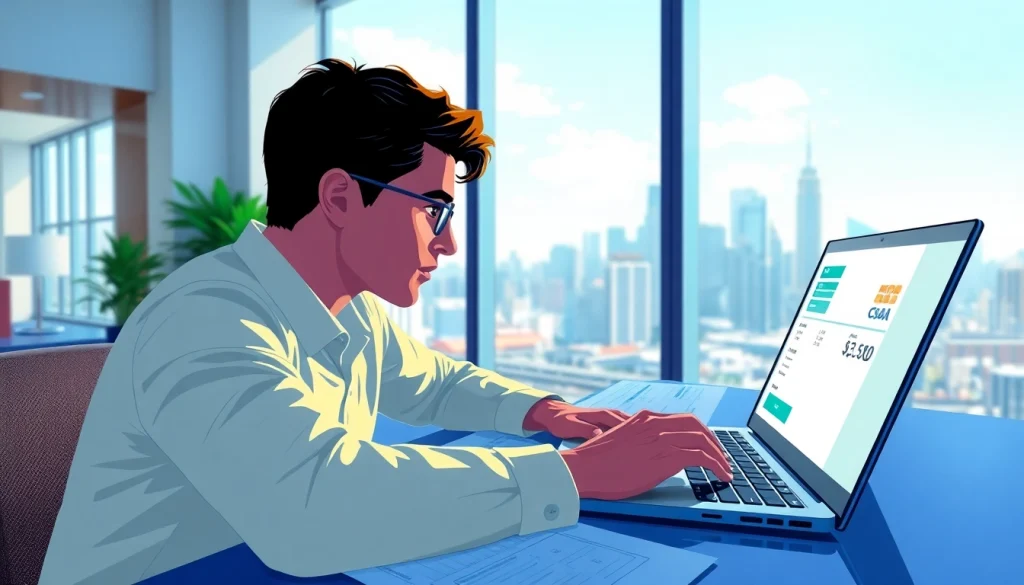 카드깡으로 현금을 관리하는 사람의 집중한 모습과 금융 문서들이 배경에 나타납니다.