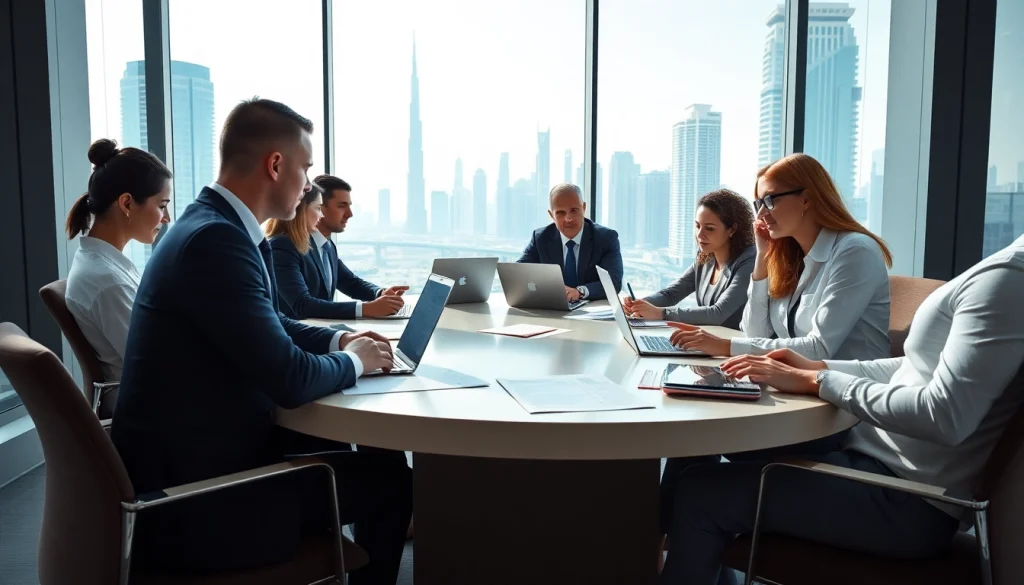 Engaged business consultants in Dubai strategizing in a modern office setting.