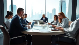 Engaged business consultants in Dubai strategizing in a modern office setting.